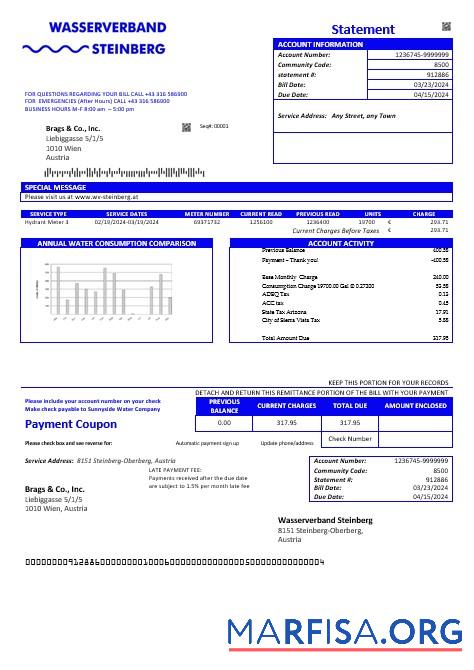 Realistic Austria Wasserverband Steinberg water business utility bill template in Word and PDF format
